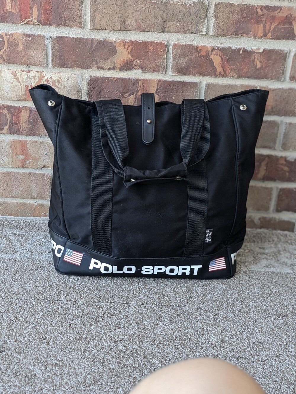 Polo Sport Ralph Lauren Vintage Tote Bag Black Canvas Big Spellout Flag Large - Picture 3 of 8